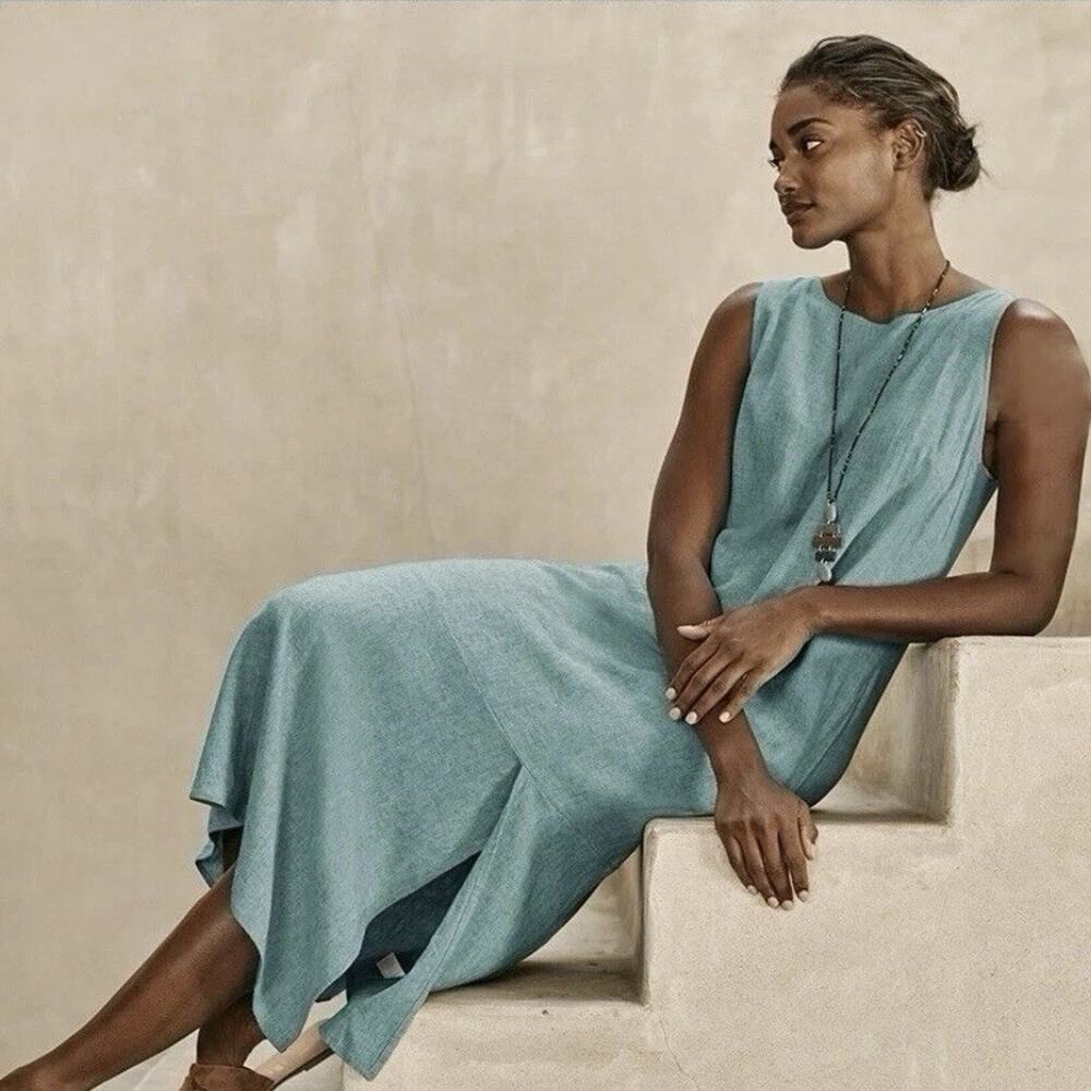 J.Jill Asymmetric Linen Blend Sleeveless Maxi Dress XL Tall Aqua Blue Resor